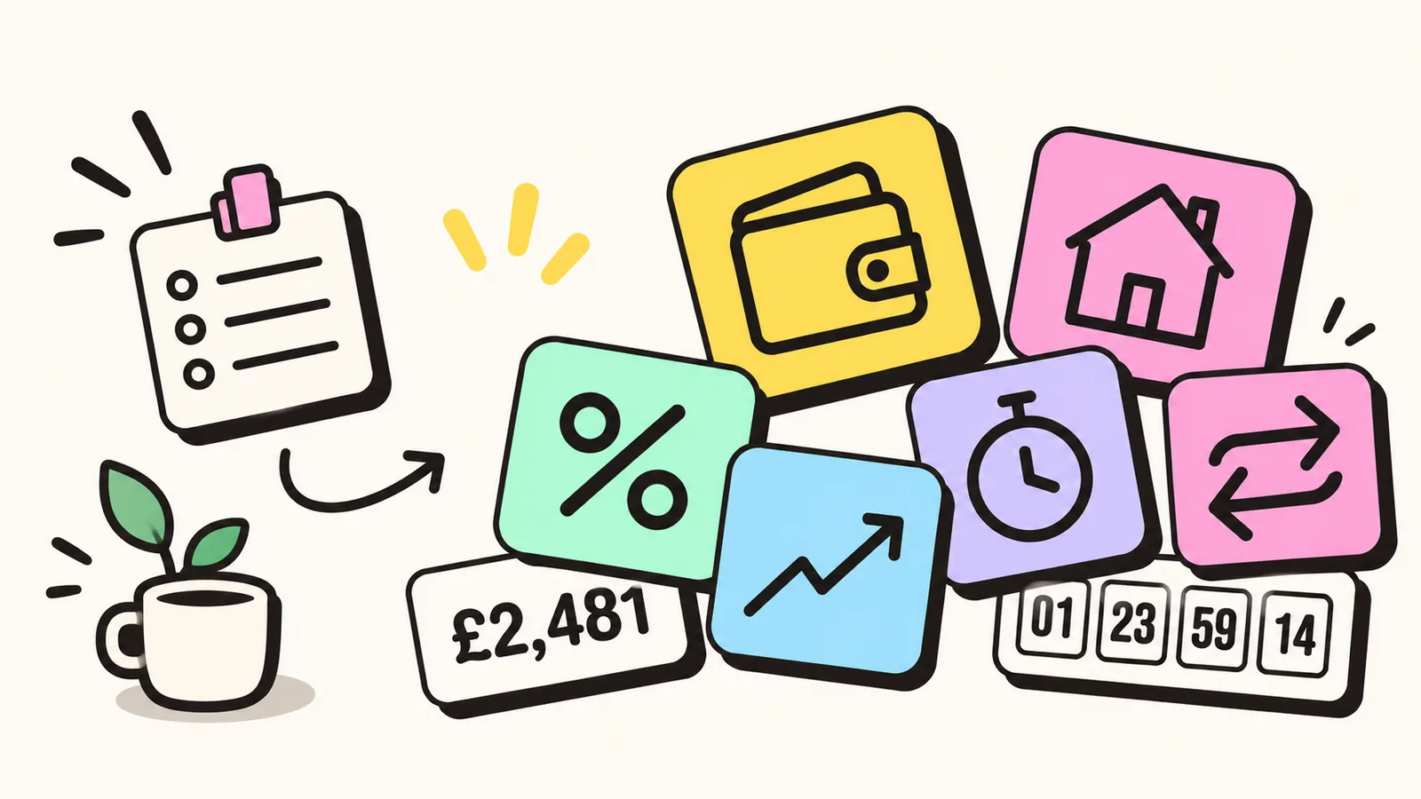 Bits & Bobs sticker sheet: pastel tiles for a wallet, a house, a percentage sign, a rising trend, a stopwatch and a unit conversion, beside a live countdown and a take-home pay figure.