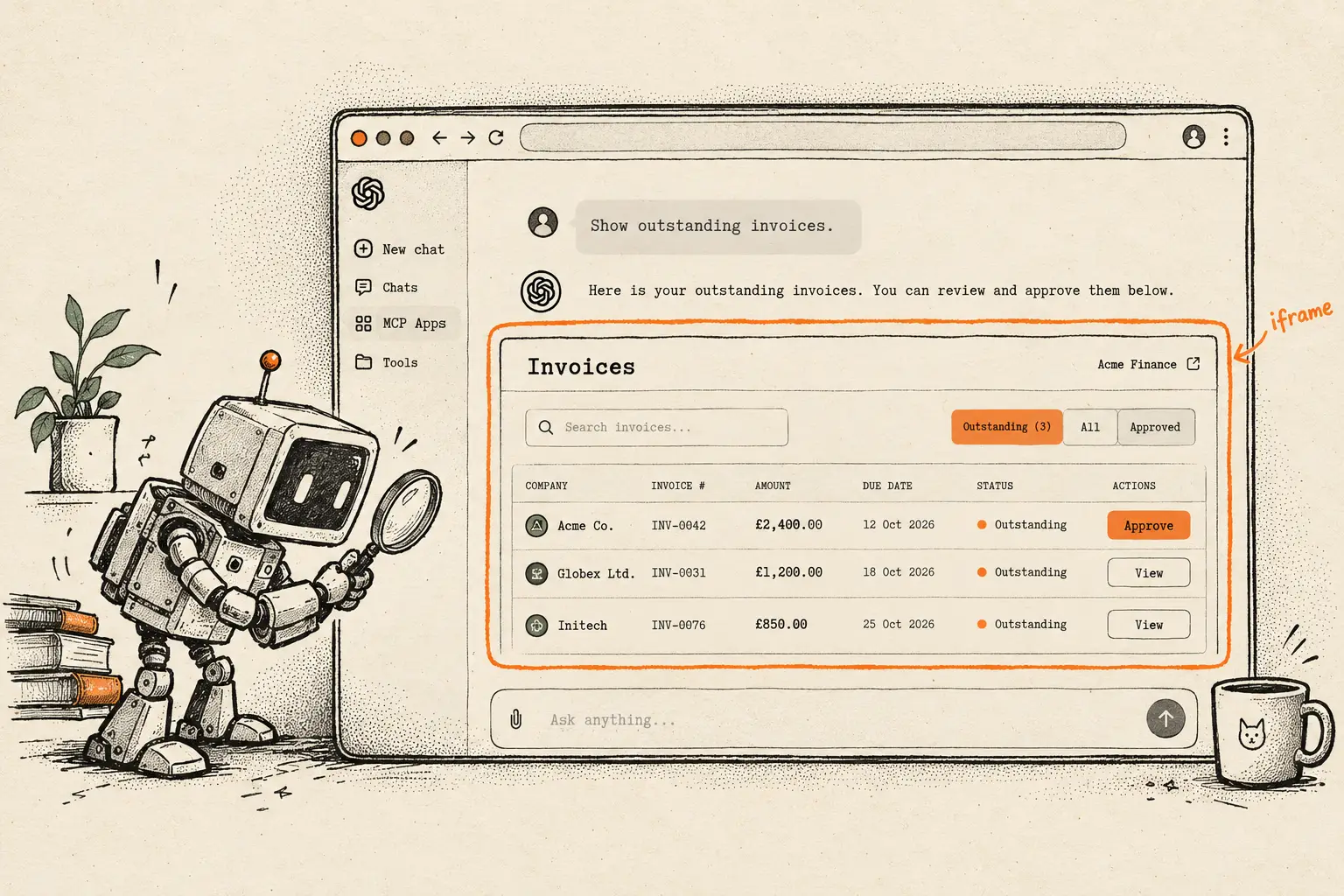 A chat window where the user asks to show outstanding invoices. The assistant replies with an embedded invoice app in an iframe: a searchable table of three outstanding invoices with status filters and Approve and View buttons. A small robot inspects it with a magnifying glass.