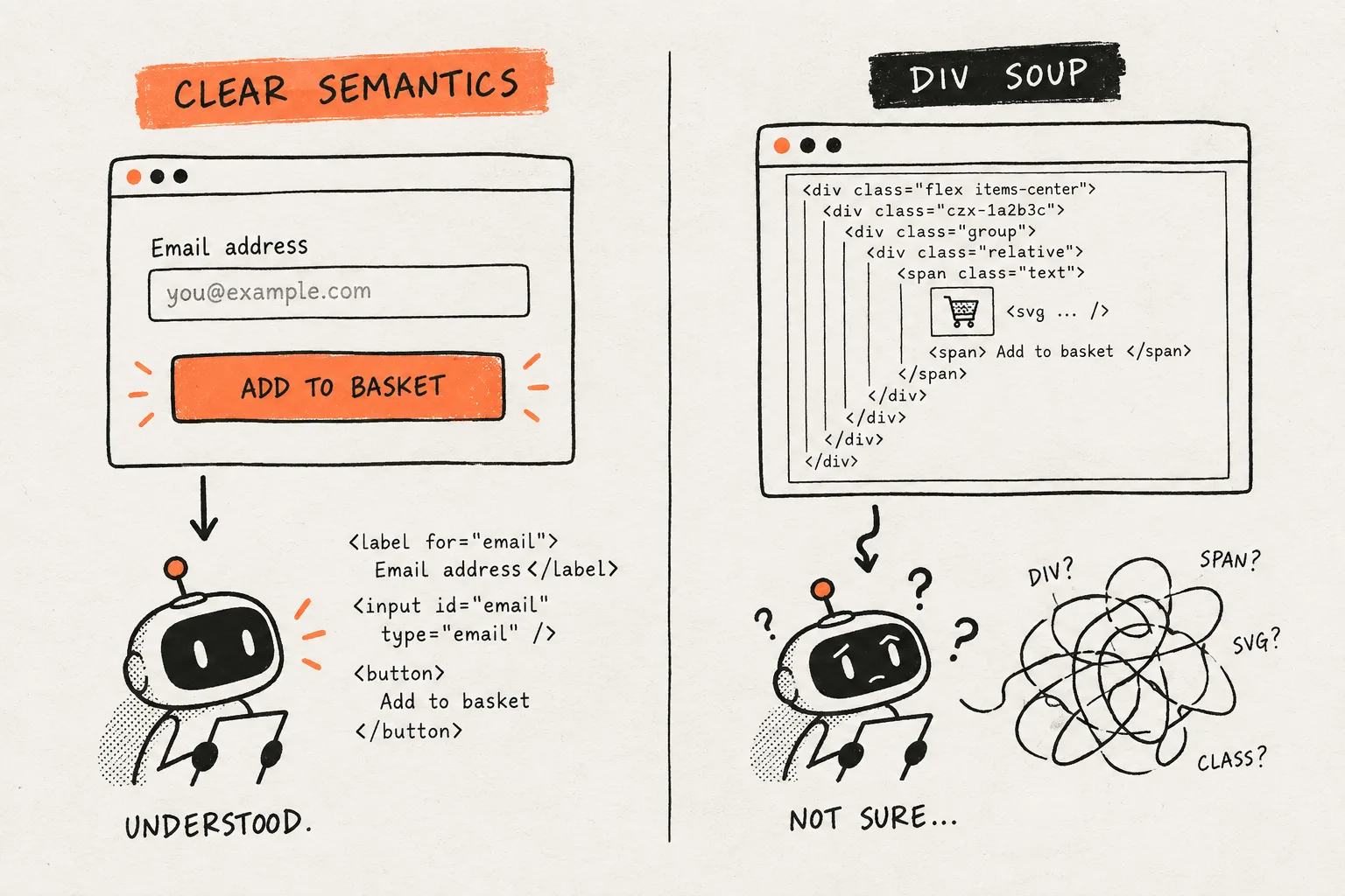 Clear semantic HTML gives software useful meaning. A pile of nested divs gives it much less to work with.